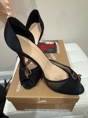 Christian Louboutin 38.5 Black Satin Open-Toe Heels with Snake Accent